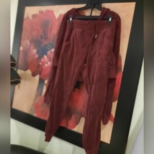 2 Piece Velour Track Suit Athleasure Burgandy Joggers Pants Hoodie Size Small